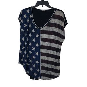 Ladies 4th of July Super Soft Rayon/Spandex Top; VTG American Flag Style SZ L